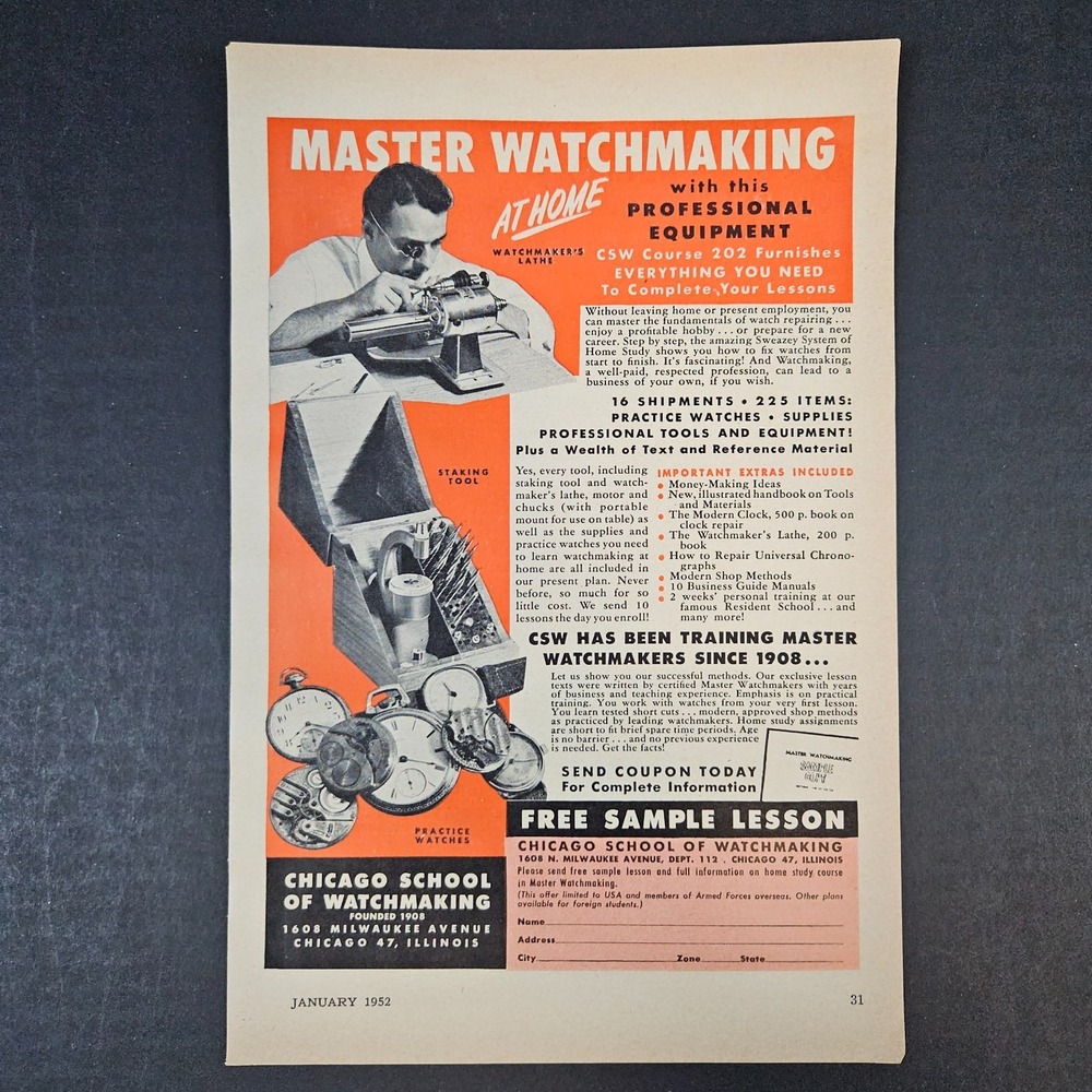 1952 Chicago School of Watchmaking At Home Lathe Staking Tool Vintage Print Ad